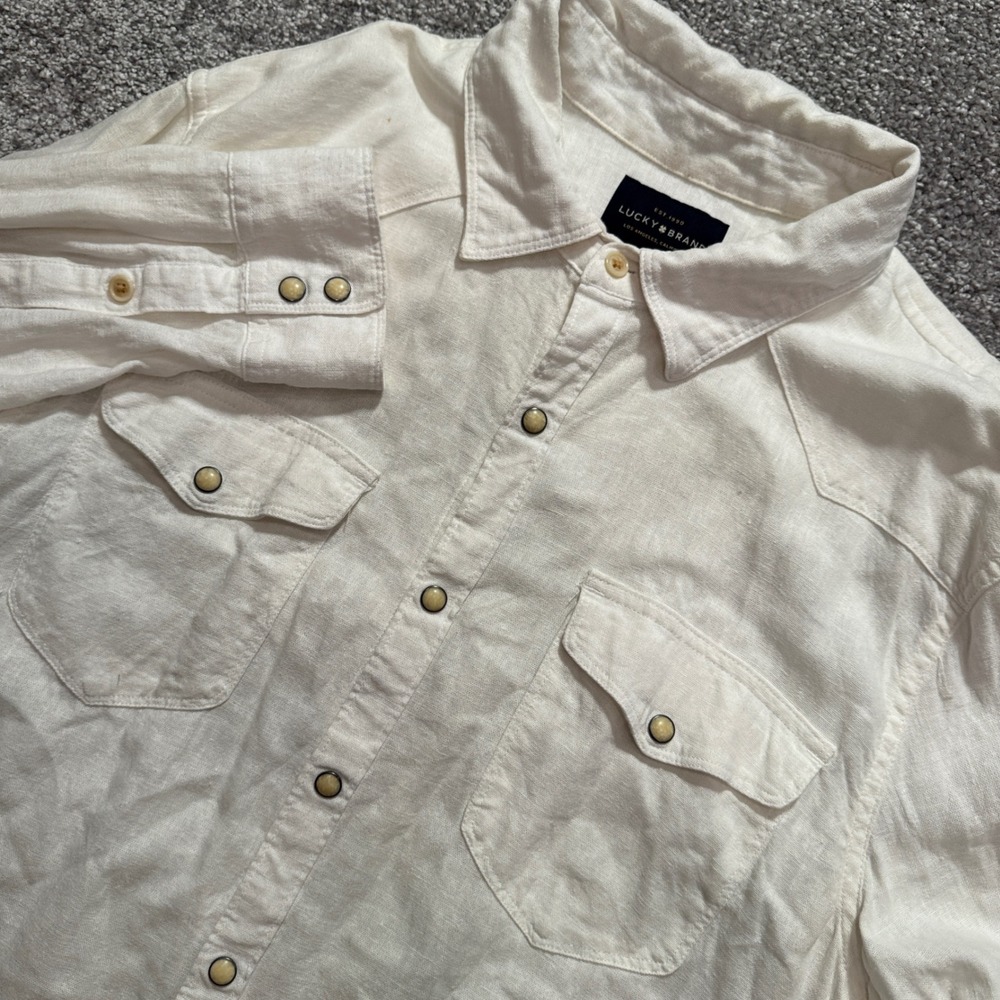 Lucky Brand Shirt Mens Medium Cream Linen Viscose Pearl Snap Cowboy Boho Western
